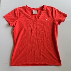 Nike Large 12-14 Orange white logo v-neck short sleeve tee shirt running hiking